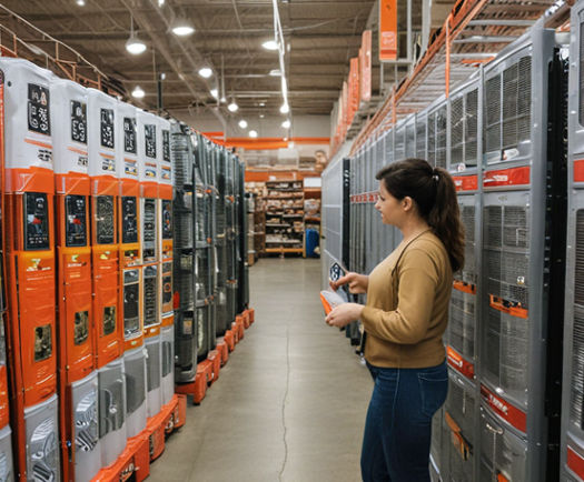 A woman at home depot checking out different patio heaters, choosing which one to buy.