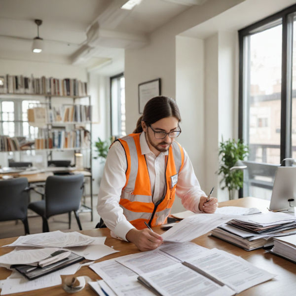 A translator reviewing safety compliance documents in a well-lit office space, with safety manuals on the desk.