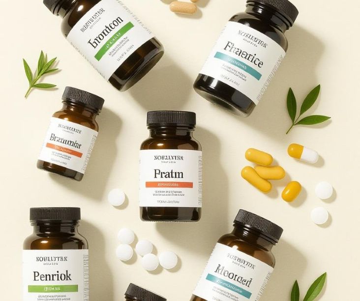 supplement bottles with clear, detailed labels