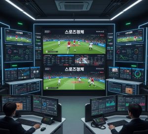 Professional control room displaying live sports streams in Korean with quality monitoring dashboards, signal stability indicators, and performance analytics on multiple screens, clean and modern safety-focused environment.